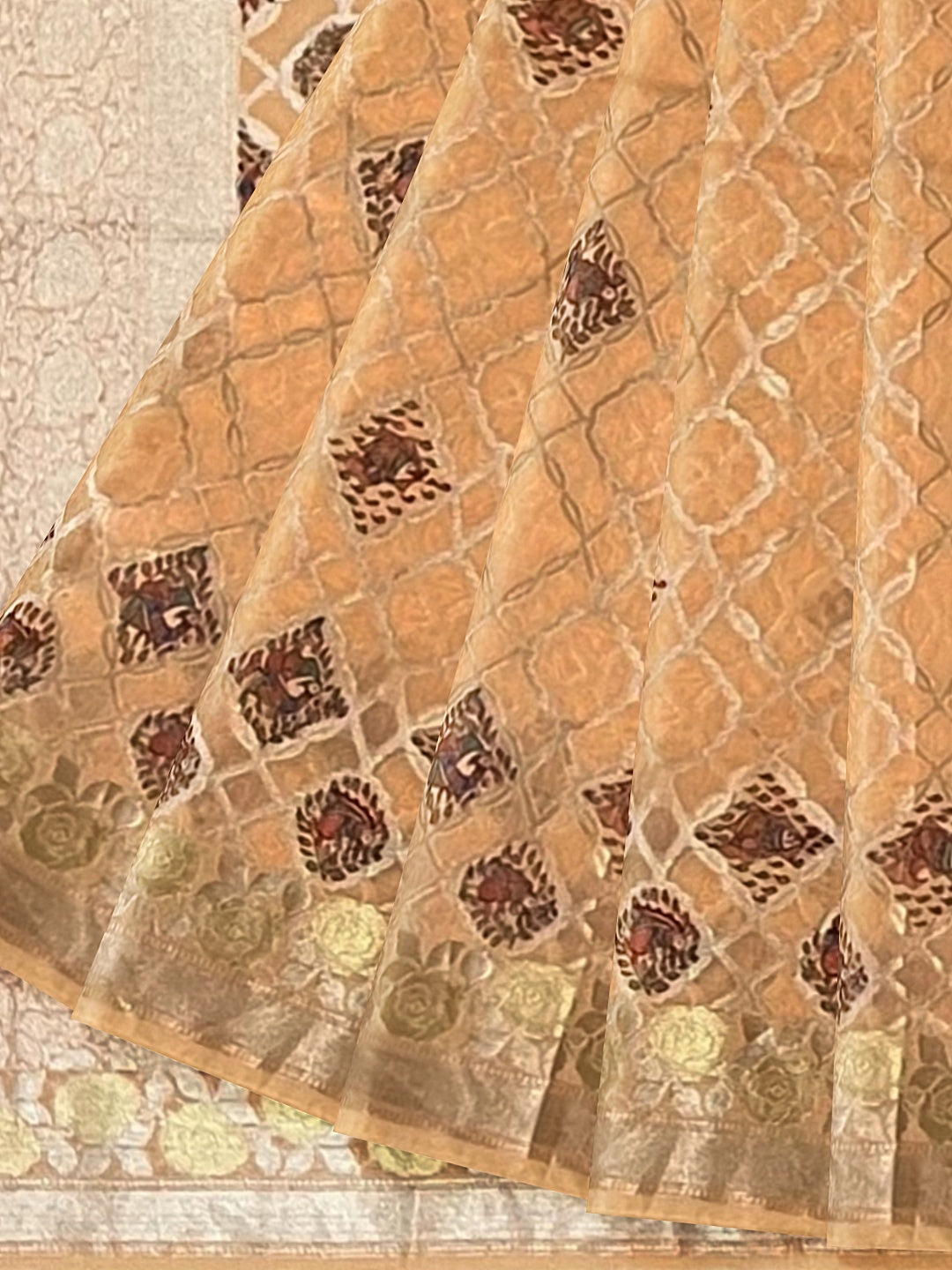 Handpainted Madhubani Peach colour Saree on Banarasi Chanderi